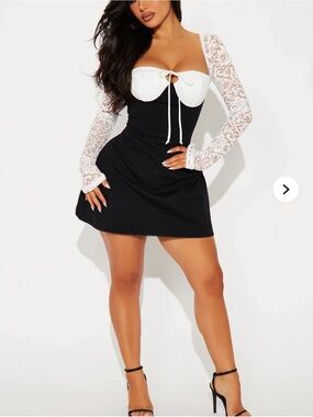 White & Black Lace Sleeve Mini Dress - Elegant Contrast